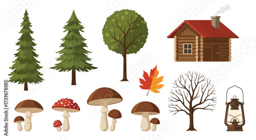 Cozy Cabin and Forest Elements Trees Mushrooms Autumn Leaf and Lantern Vector Illustration Perfect for Seasonal Designs and Nature Themes