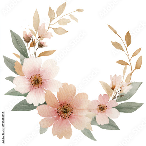 
A simple watercolor clip art of a pastel pink and beige flower wreath, with green leaves on a white background.