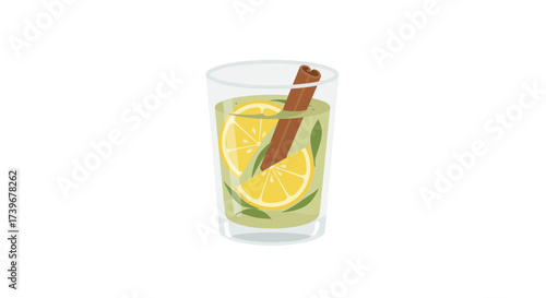 A clear glass filled with a lemoninfused drink featuring slices of lemon and a cinnamon stick
