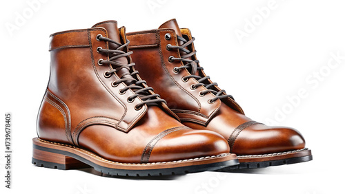 A pair of brown leather boots with laces and a dark sole sit against a black background in a studio shot created with generated ai