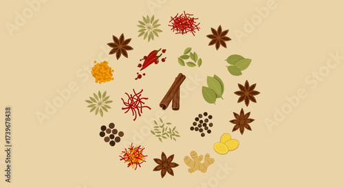 A colorful arrangement of spices and herbs laid out in a circular pattern on a beige background