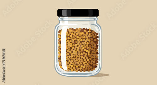A glass jar filled with small round brown mustard seeds It has a black lid and a lightbeige background