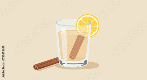 A glass with a yellow liquid cinnamon stick and lemon slice alongside a cinnamon stick on a beige background