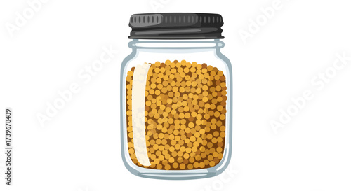 A glass jar filled with small yellow mustard seeds sealed with a gray lid