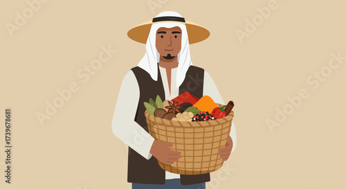 A man in traditional attire holds a basket of spices