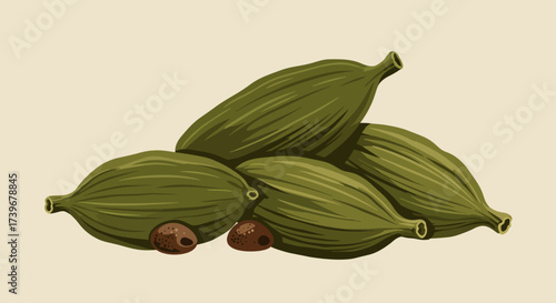 A pile of cardamom pods green with brown seeds visible on a light beige background