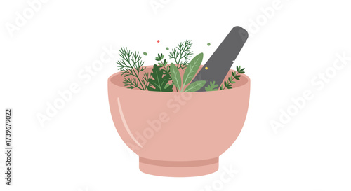 A pink mortar  pestle filled with green herbs and spices sits on a white background
