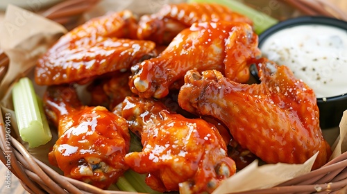 Close up of a basket full of buffalo wings with celery sticks and a side of dipping sauce on the side