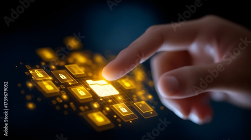 Hand touching digital yellow folder icon for data access, modern cybersecurity and cloud storage interface, futuristic information technology design