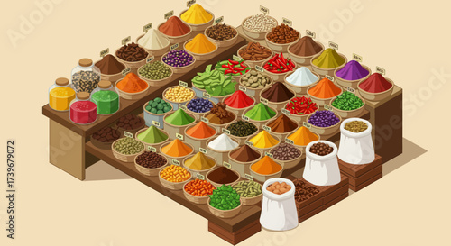 A pixel art marketplace stall laden with colorful spices herbs and oils in bowls bags and jars