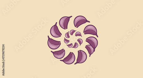 A spiral arrangement of purple garlic cloves on a beige background