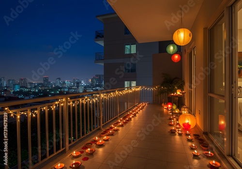 A balcony decorated with numerous lit candles and string lights at twilight, overlooking a cityscape, creating a festive and romantic ambiance for a celebration like diwali