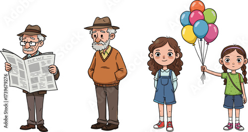 Elderly man reading newspaper, senior gentleman standing, happy little girl smiling, cute child holding colorful balloons, family generation cartoon illustration