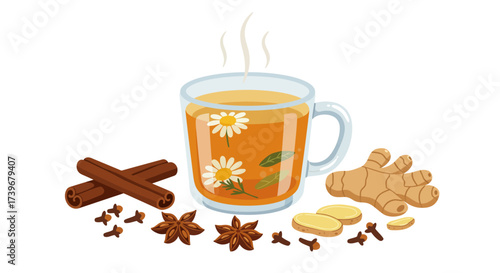 A steaming mug of herbal tea with spices chamomile and ginger
