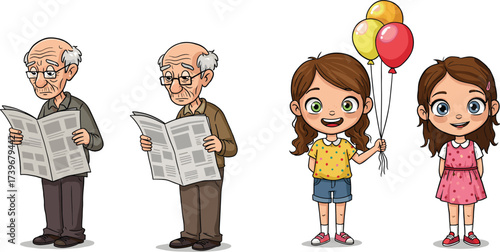 Elderly man reading newspaper, senior grandfather standing, happy little girl smiling, cute child holding balloons, cartoon family generation illustration, lifestyle, character