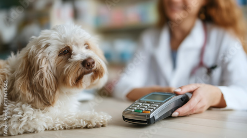 Veterinary payment with credit card terminal at clinic desk, Concept of financial transaction
