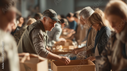 Veterans Day food drive with volunteers packing boxes, Concept of charity and giving back
