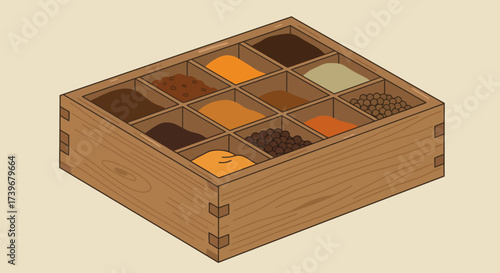 A wooden box with twelve compartments filled with various spices