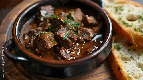 Close up of hearty beef stew with carrots and parsley in a white bowl on a wooden surface with bread