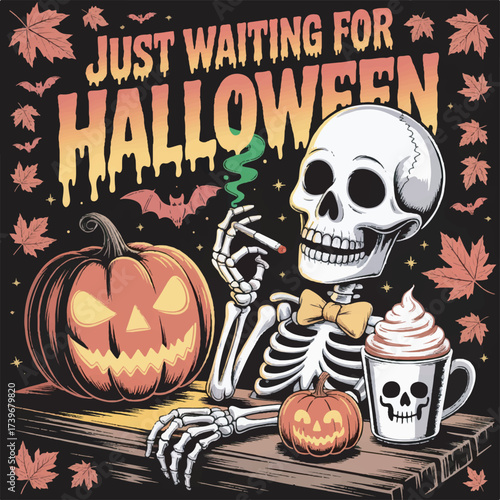 Skeleton waiting for Halloween with pumpkin and coffee