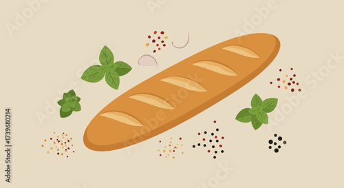 Bread basil and spices surround a long loaf of bread on a pale beige background