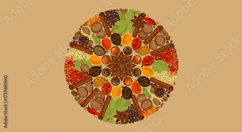 Circle of spices arranged in a circular mandala
