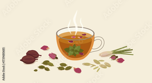 Cup of tea surrounded by various herbs and spices with steam rising