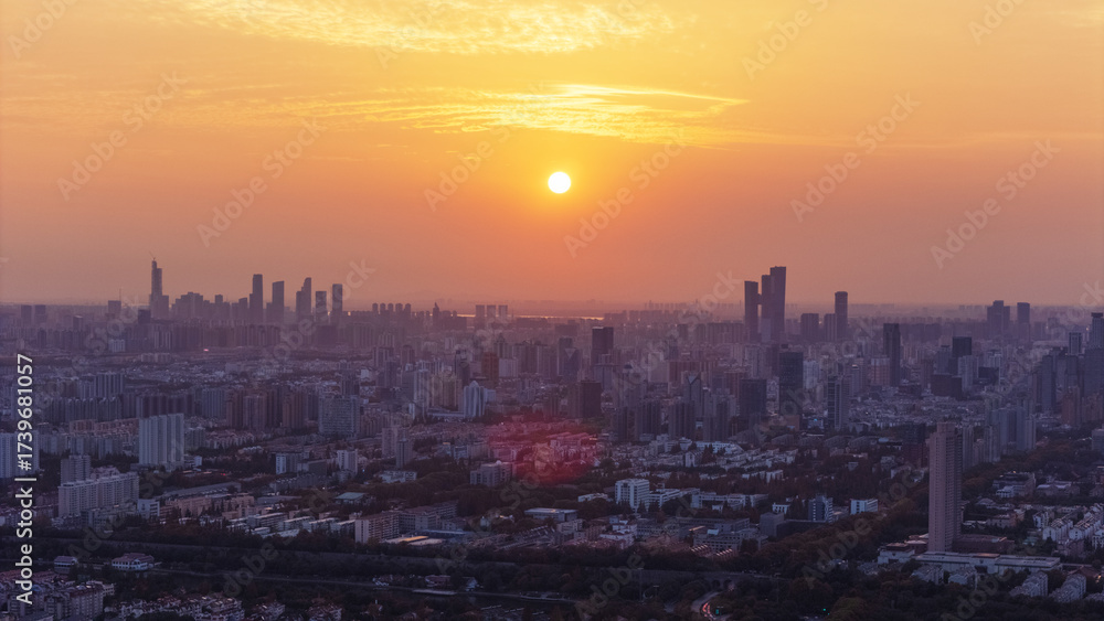 Obraz premium Aerial photography of the city in the sunset