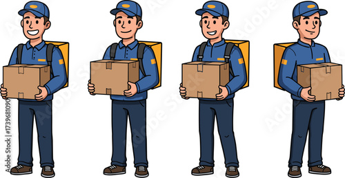 Smiling delivery man character holding cardboard box, courier service worker in uniform with cap and backpack, fast shipping logistics illustration