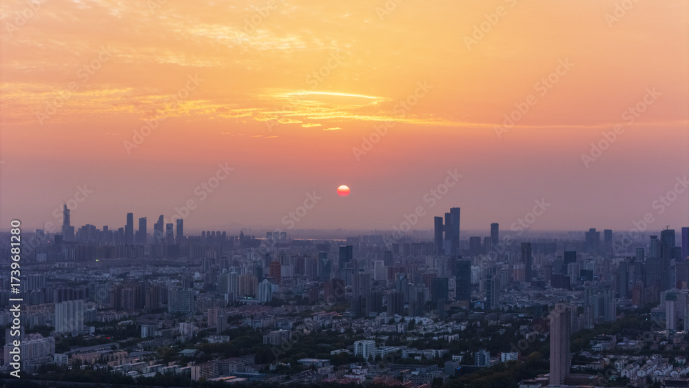 Fototapeta premium Aerial photography of city sunset glow
