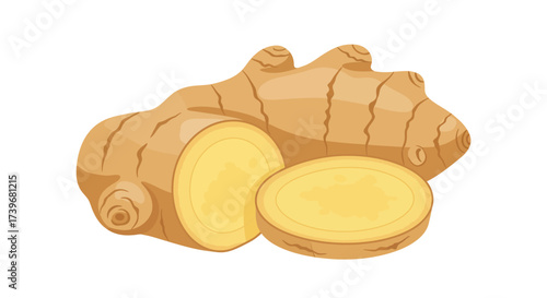 Ginger root is featured with one slice in front on white background