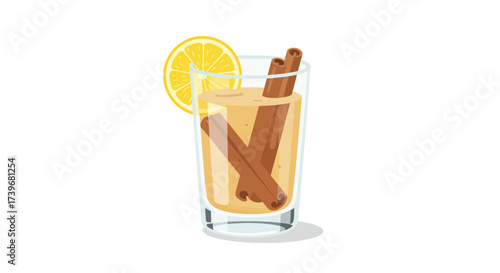 Glass with drink cinnamon sticks  lemon slice