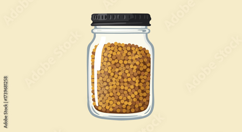 Glass jar filled with small round yellowbrown objects sealed with a black lid