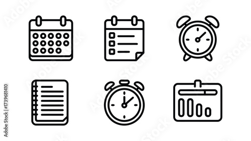 Vector art of set of six outline icons representing time management, including a calendar, todo list, and alarm clock