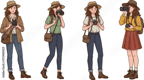 Young woman photographer cartoon illustration, holding camera, stylish outfit, travel lifestyle, creative artist, outdoor hobby, professional shooting, modern photography concept