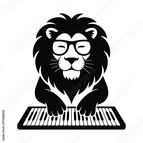Whimsical hipster lion wearing glasses playing piano keyboard with enthusiastic silhouette silhouette