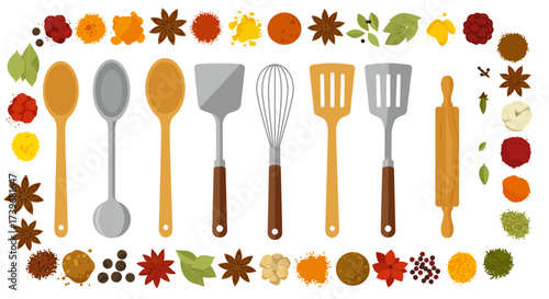 Illustration of cooking utensils framed by spices and herbs