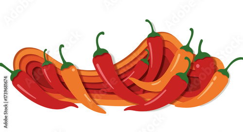 Illustration of red and orange chili peppers with green stems atop layered red and orange shapes