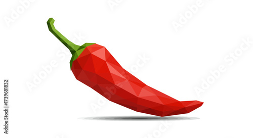 Lowpoly red chili pepper with green stem casting a subtle shadow on a white backdrop