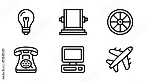 Vector art of line art icons of lightbulb, telephone, computer, airplane, fire hydrant, and wheel simple black and white vector illustration