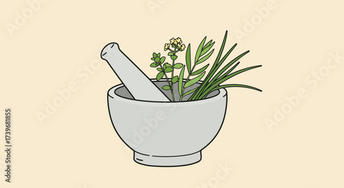 Mortar and pestle with green herbs including chives in a stone bowl on a tan background