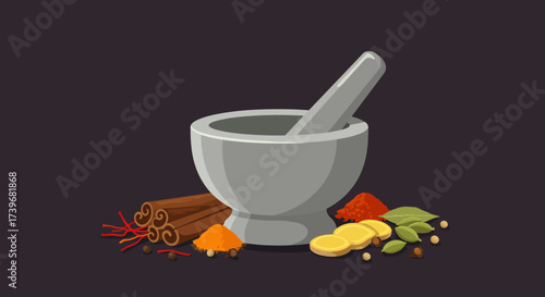 Mortar and pestle surrounded by spices on a dark background