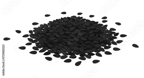 Pile of glossy black seeds shaped like teardrops clustered together on a white surface