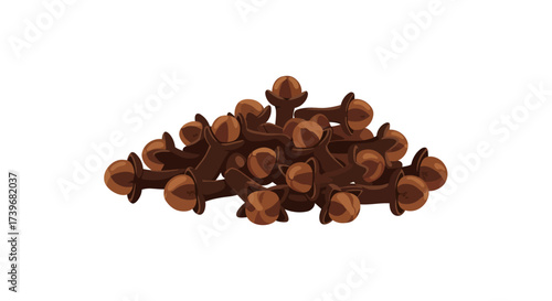 Pile of dark brown cloves each featuring a spherical head and a slender stem scattered on a white background