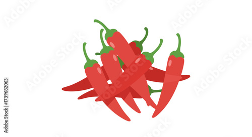 Pile of red chili peppers with green stems scattered on a white background