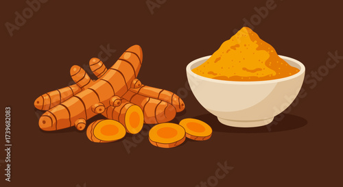 Pile of turmeric root next to bowl full of turmeric powder on brown background