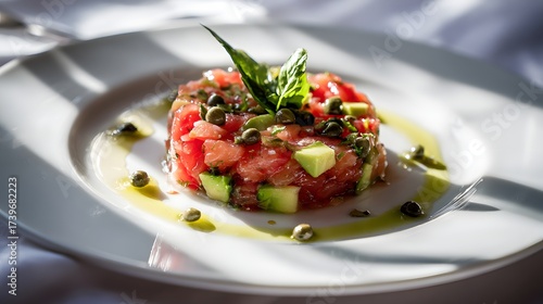 Wallpaper Mural Gourmet dish presented elegantly on a white plate, featuring a vibrant combination of diced tomato, avocado, and capers, drizzled with olive oil, topped with fresh basil, showcasing a culinary... Torontodigital.ca