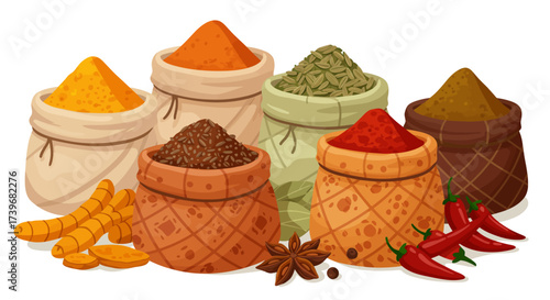 Sacks of colorful spices with turmeric roots star anise and red chili peppers scattered at their bases
