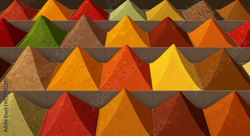 Rows of spices are arranged in a pyramid shape on shelves