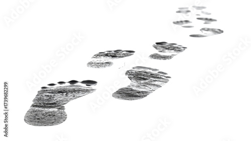 Human wet footprints on white surface isolated on white background, walking steps trail symbolizing journey path travel adventure lifestyle concept design element 
